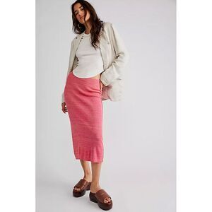 Free People‎ Women's Large Golden Hour Side Slit Ribbed Knit Midi Skirt Pink
